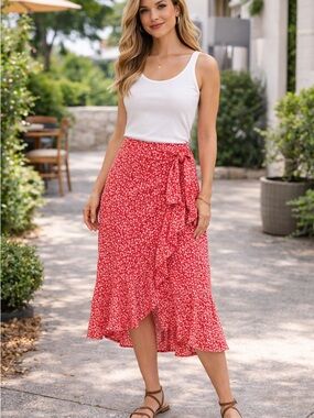Floral Tie-Waist Midi Skirt in Red
